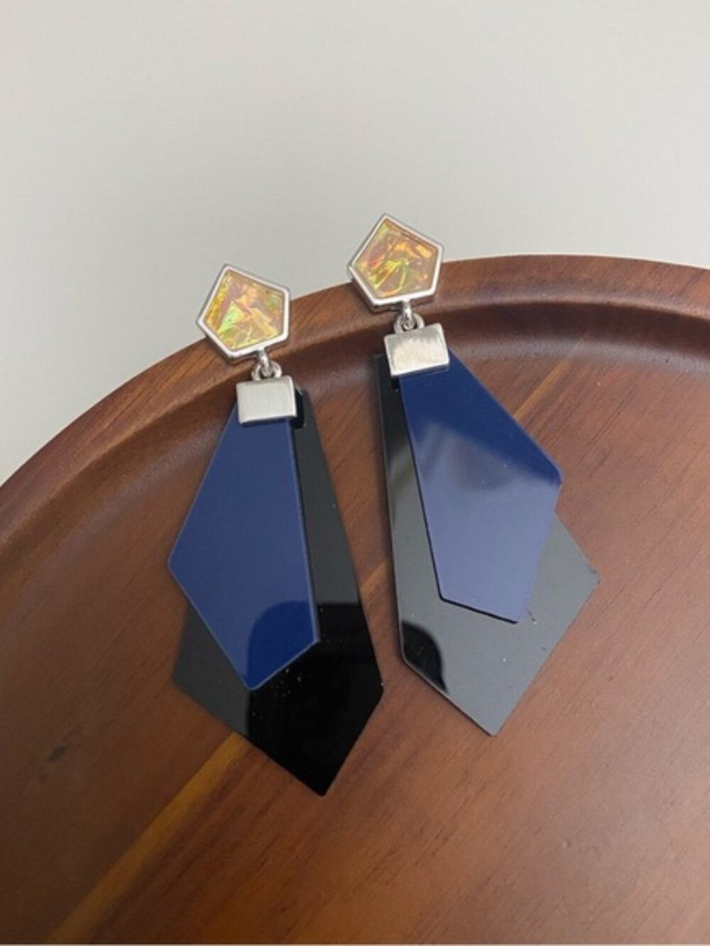 4/$15 Modern Black Blue Opal Geometric Shapes Drop Earrings